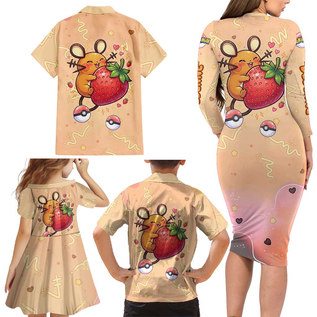 Dedenne Family Matching Long Sleeve Bodycon Dress and Hawaiian Shirt Sweet Electric Berry Pop Art