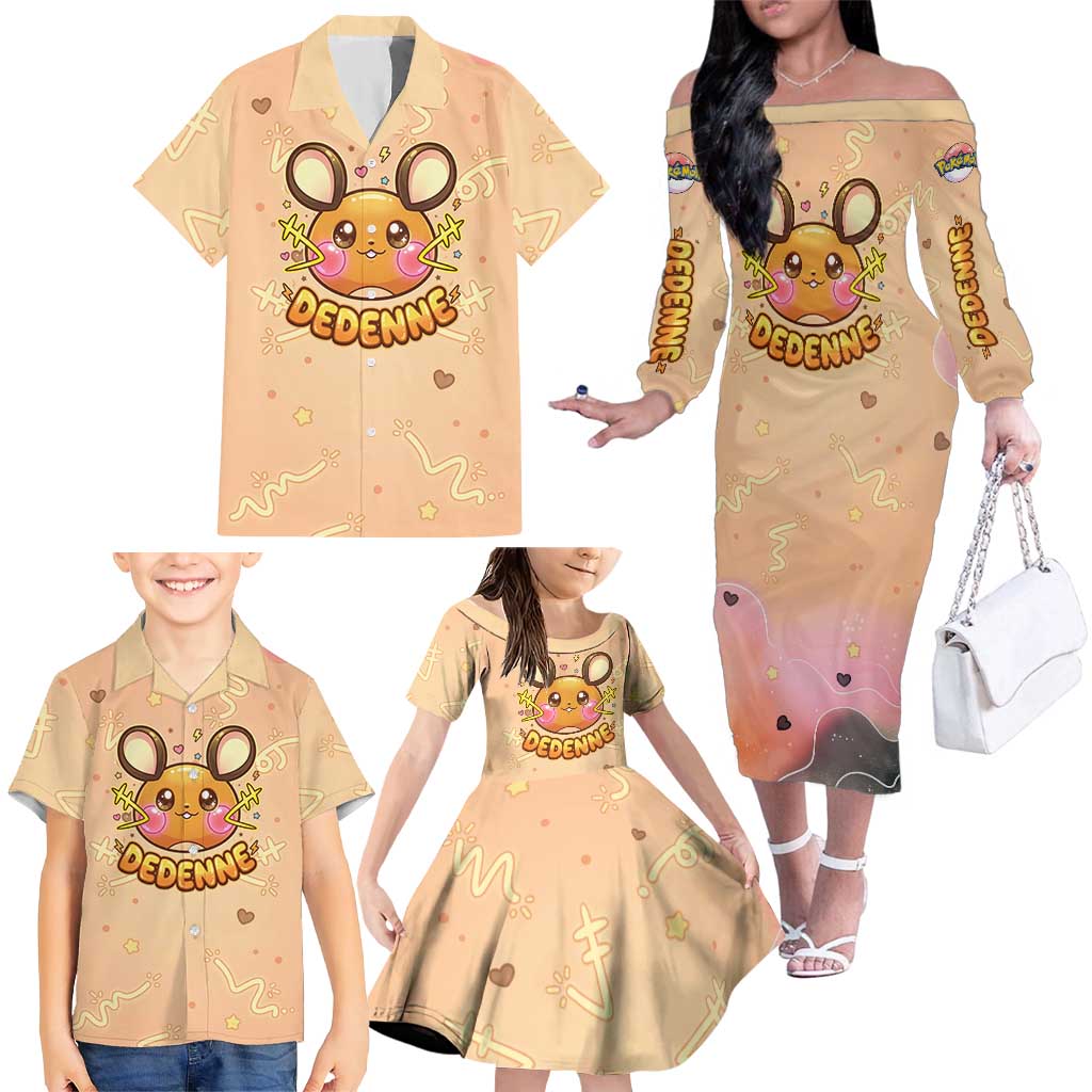Dedenne Family Matching Off The Shoulder Long Sleeve Dress and Hawaiian Shirt Sweet Electric Berry Pop Art