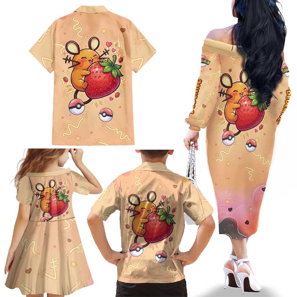 Dedenne Family Matching Off The Shoulder Long Sleeve Dress and Hawaiian Shirt Sweet Electric Berry Pop Art