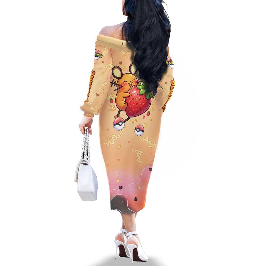 Dedenne Family Matching Off The Shoulder Long Sleeve Dress and Hawaiian Shirt Sweet Electric Berry Pop Art
