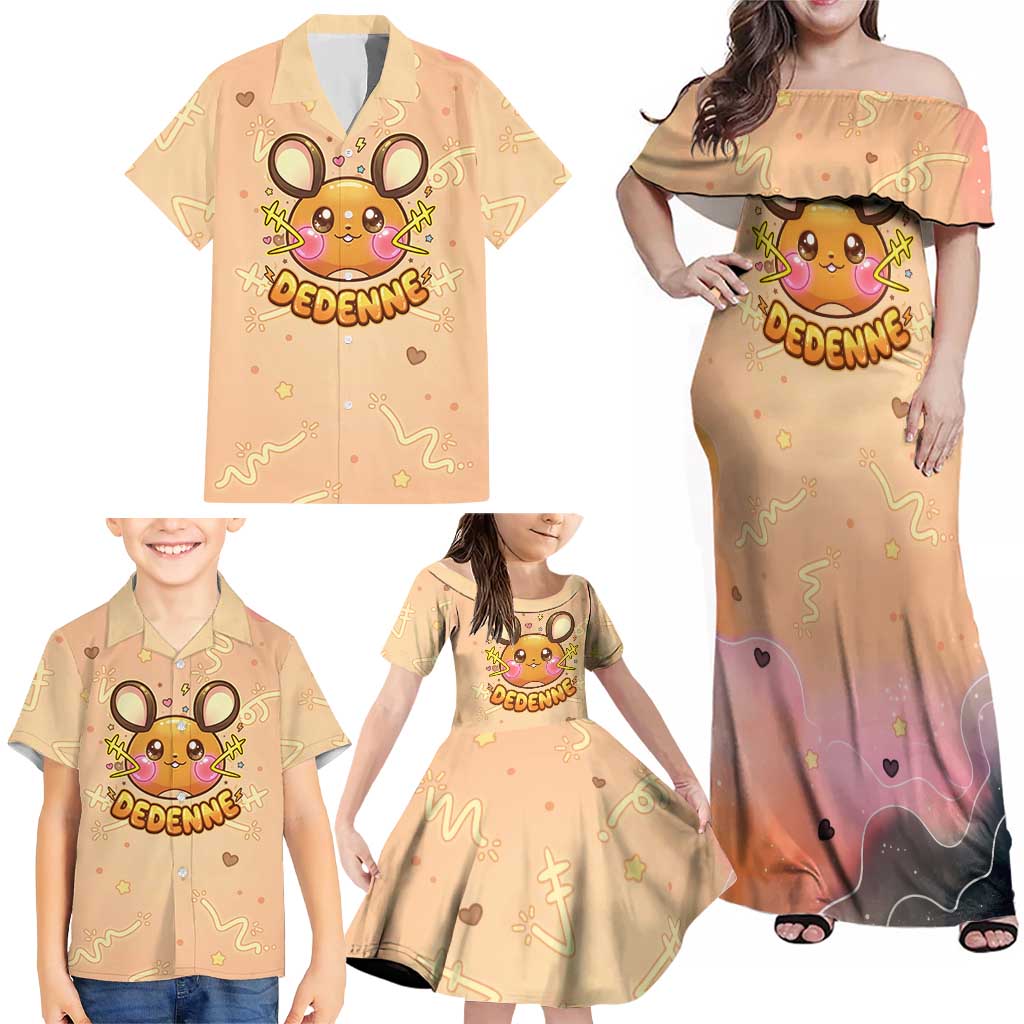 Dedenne Family Matching Off Shoulder Maxi Dress and Hawaiian Shirt Sweet Electric Berry Pop Art