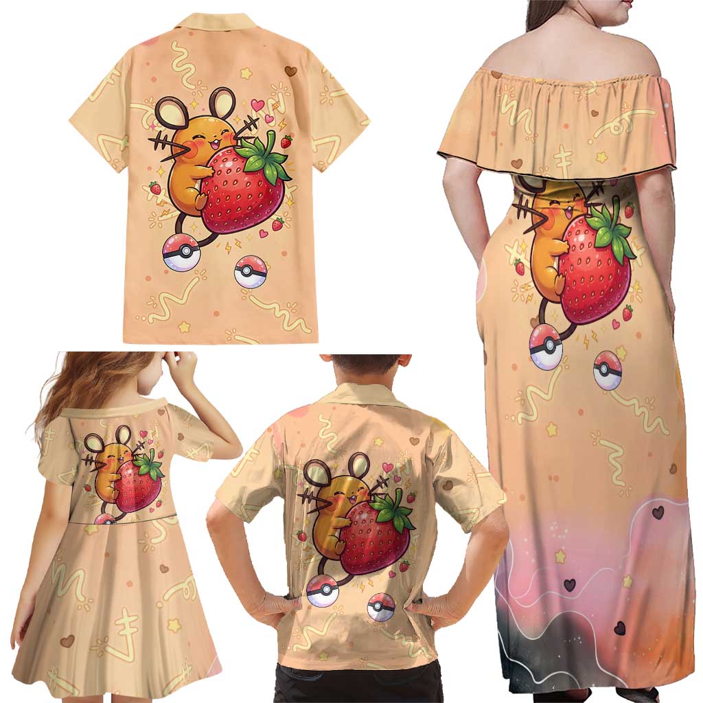 Dedenne Family Matching Off Shoulder Maxi Dress and Hawaiian Shirt Sweet Electric Berry Pop Art