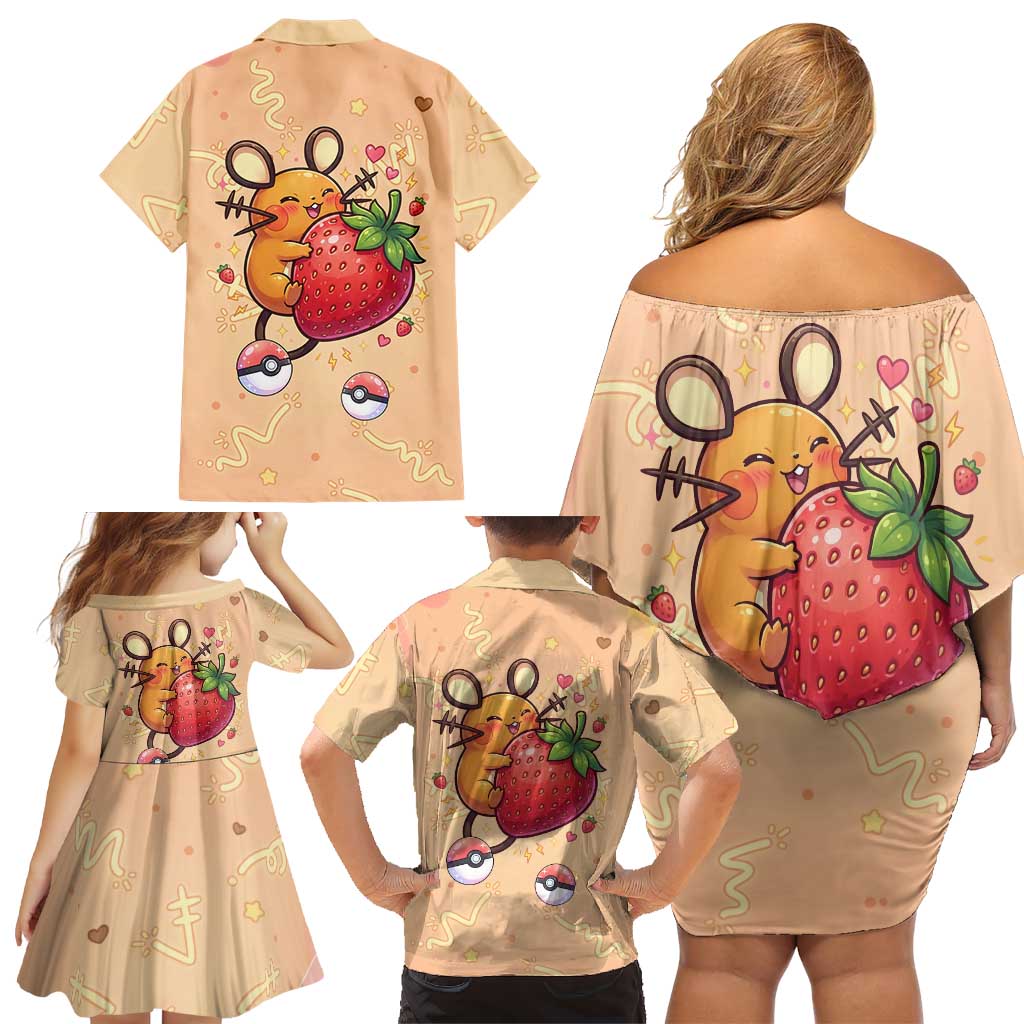 Dedenne Family Matching Off Shoulder Short Dress and Hawaiian Shirt Sweet Electric Berry Pop Art