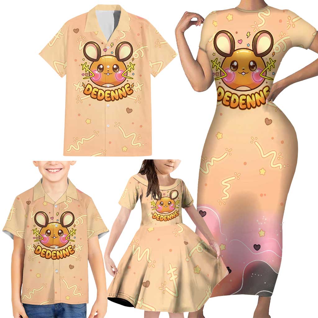 Dedenne Family Matching Short Sleeve Bodycon Dress and Hawaiian Shirt Sweet Electric Berry Pop Art