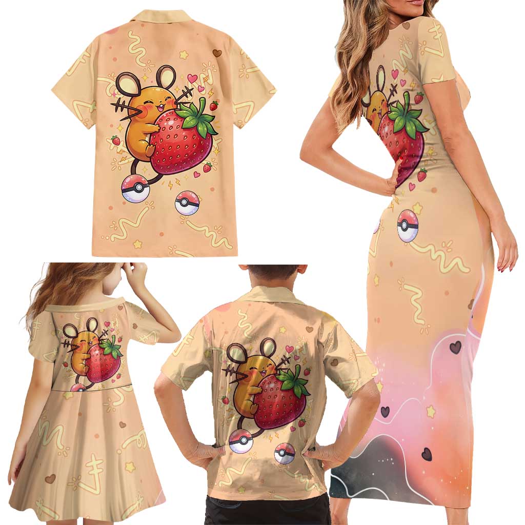 Dedenne Family Matching Short Sleeve Bodycon Dress and Hawaiian Shirt Sweet Electric Berry Pop Art