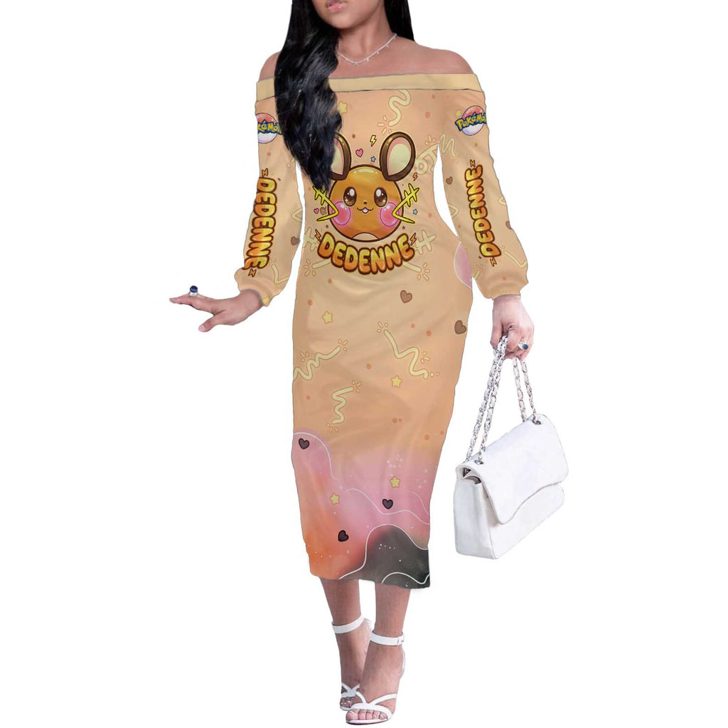 Dedenne Off The Shoulder Long Sleeve Dress Sweet Electric Berry Pop Art