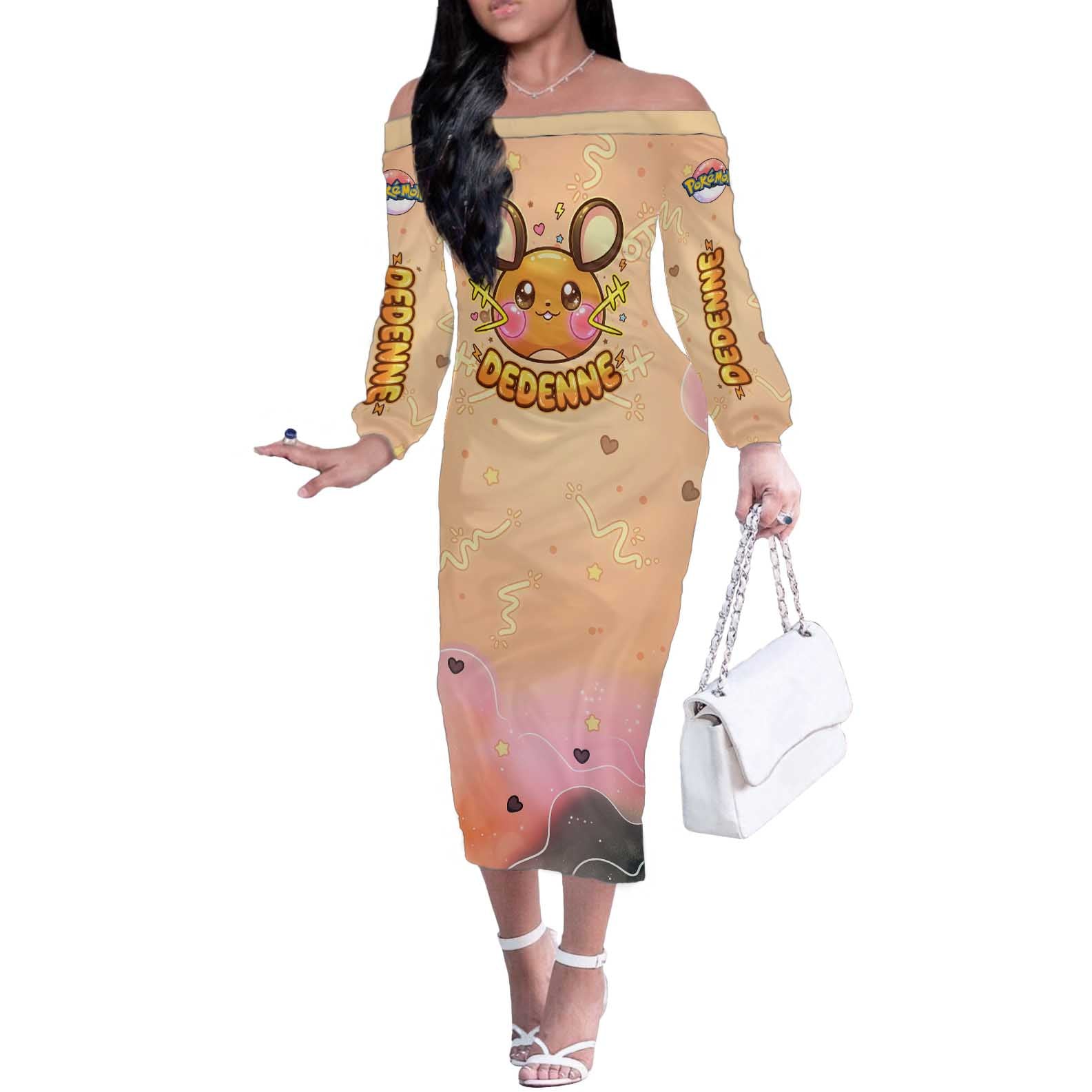 Dedenne Off The Shoulder Long Sleeve Dress Sweet Electric Berry Pop Art