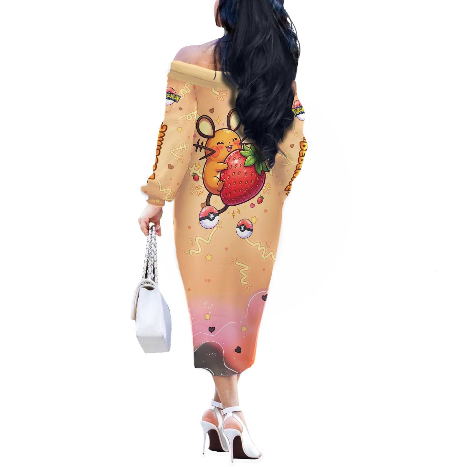 Dedenne Off The Shoulder Long Sleeve Dress Sweet Electric Berry Pop Art