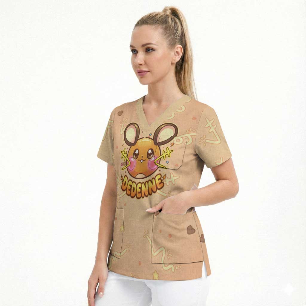 Dedenne Scrub Top Sweet Electric Berry Pop Art