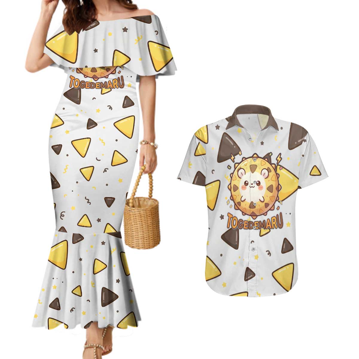 Togedemaru Couples Matching Mermaid Dress and Hawaiian Shirt Cute Electric Nacho Pop Art