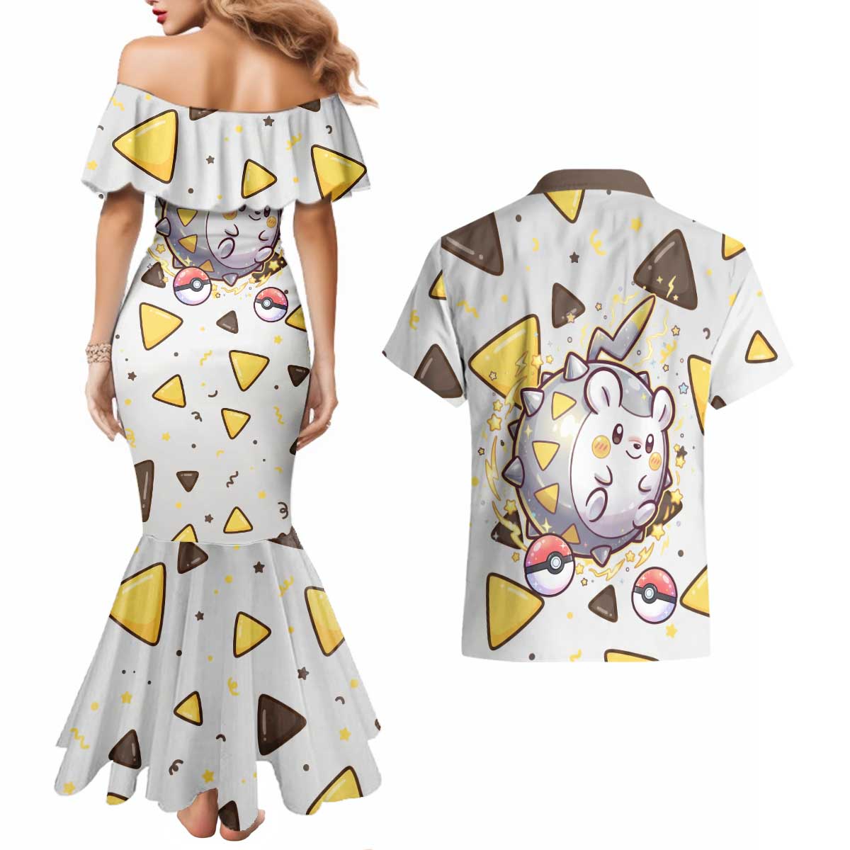 Togedemaru Couples Matching Mermaid Dress and Hawaiian Shirt Cute Electric Nacho Pop Art