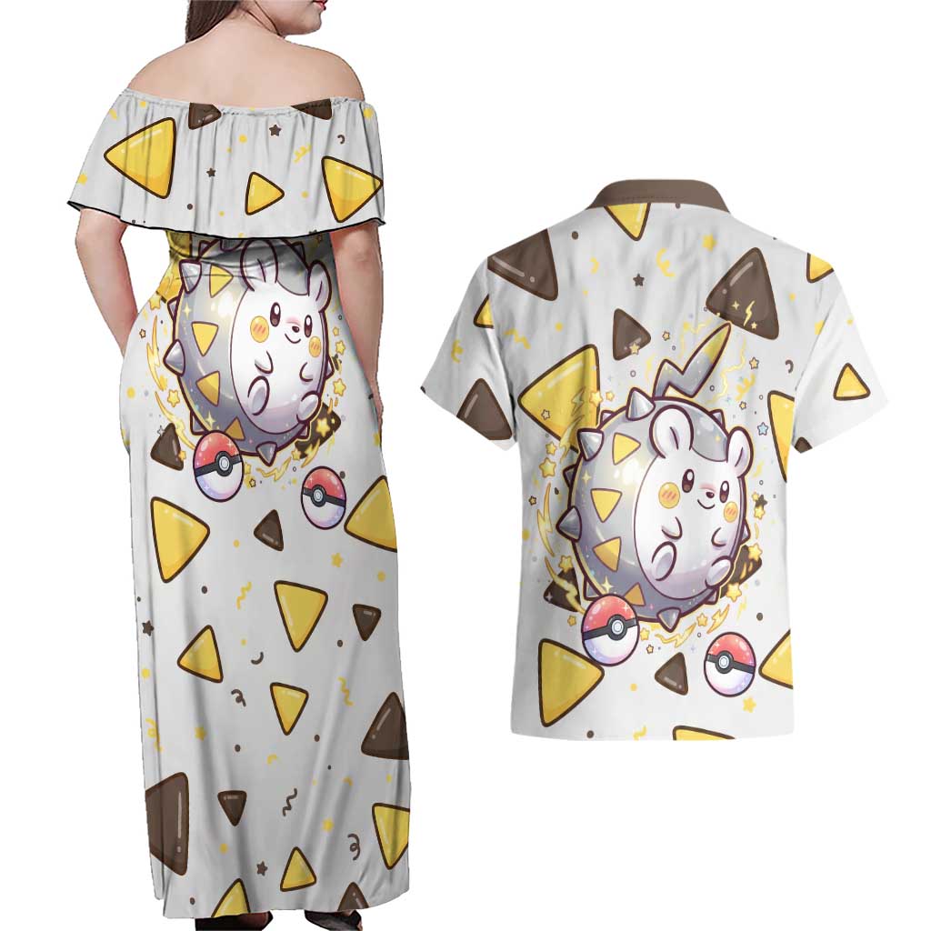 Togedemaru Couples Matching Off Shoulder Maxi Dress and Hawaiian Shirt Cute Electric Nacho Pop Art