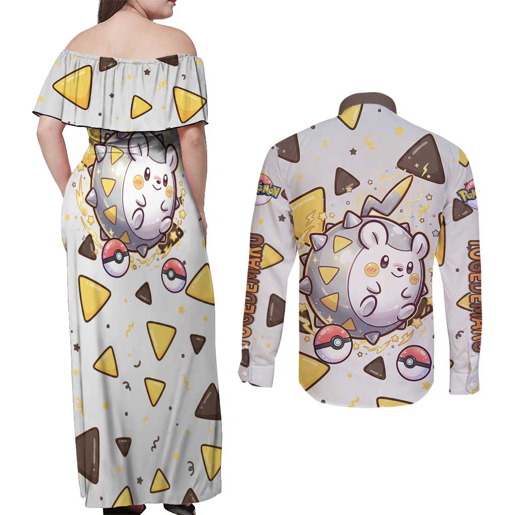 Togedemaru Couples Matching Off Shoulder Maxi Dress and Long Sleeve Button Shirt Cute Electric Nacho Pop Art