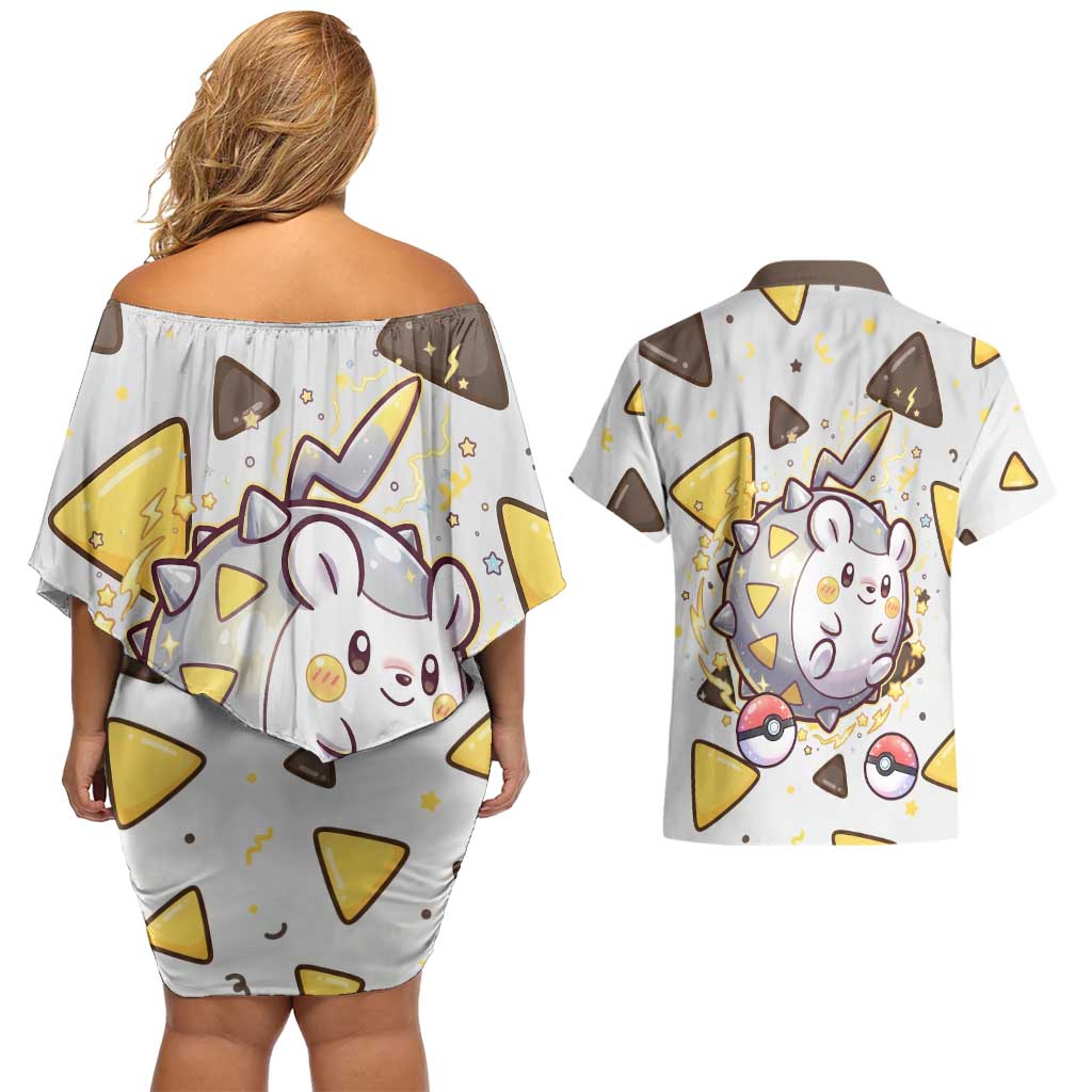 Togedemaru Couples Matching Off Shoulder Short Dress and Hawaiian Shirt Cute Electric Nacho Pop Art