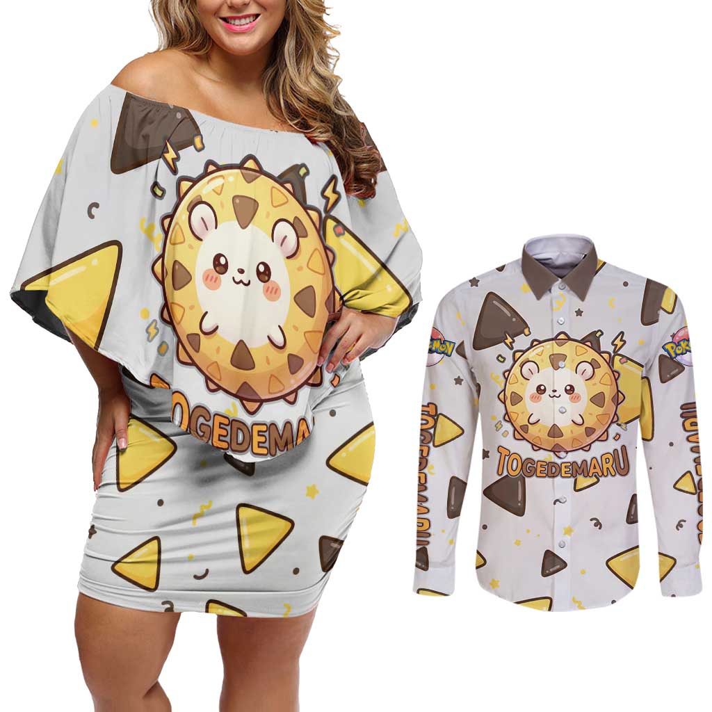 Togedemaru Couples Matching Off Shoulder Short Dress and Long Sleeve Button Shirt Cute Electric Nacho Pop Art