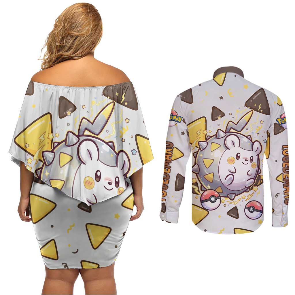 Togedemaru Couples Matching Off Shoulder Short Dress and Long Sleeve Button Shirt Cute Electric Nacho Pop Art