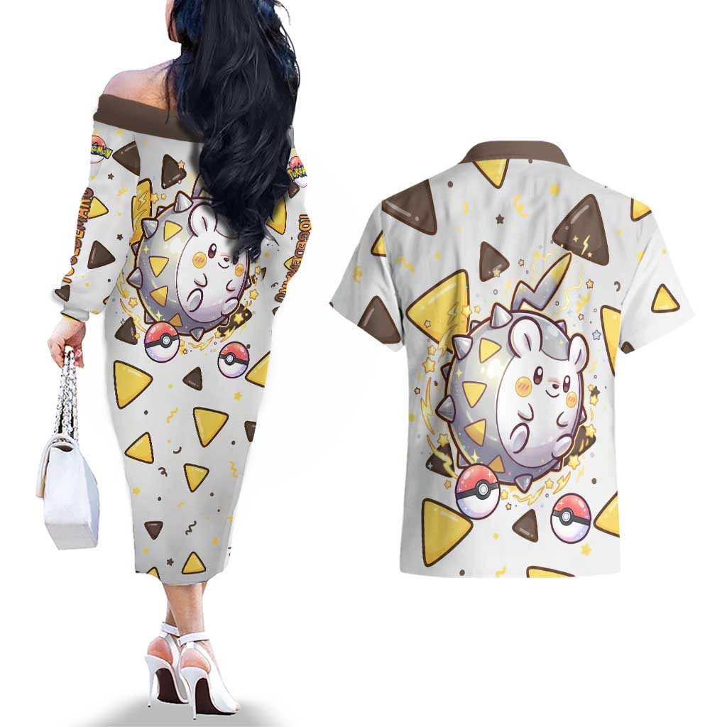 Togedemaru Couples Matching Off The Shoulder Long Sleeve Dress and Hawaiian Shirt Cute Electric Nacho Pop Art