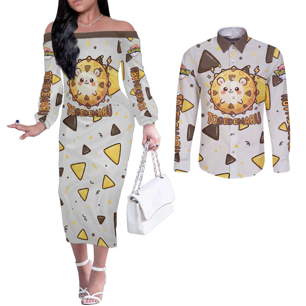 Togedemaru Couples Matching Off The Shoulder Long Sleeve Dress and Long Sleeve Button Shirt Cute Electric Nacho Pop Art