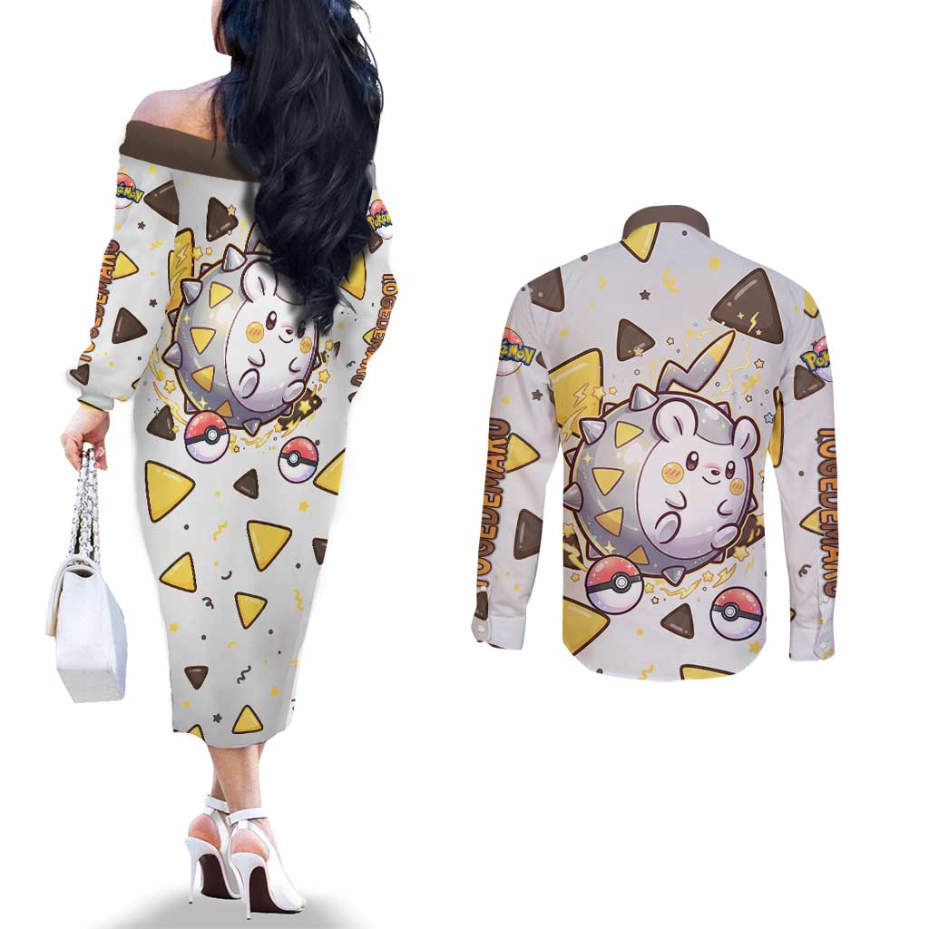 Togedemaru Couples Matching Off The Shoulder Long Sleeve Dress and Long Sleeve Button Shirt Cute Electric Nacho Pop Art