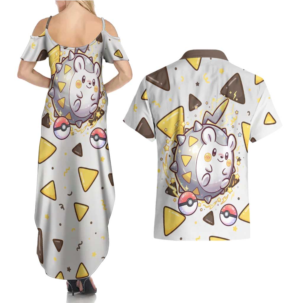 Togedemaru Couples Matching Summer Maxi Dress and Hawaiian Shirt Cute Electric Nacho Pop Art