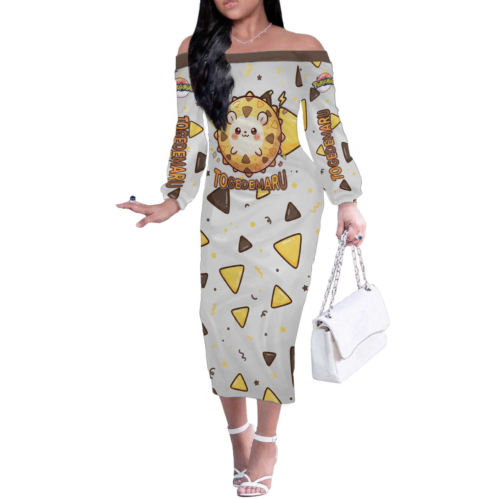 Togedemaru Off The Shoulder Long Sleeve Dress Cute Electric Nacho Pop Art