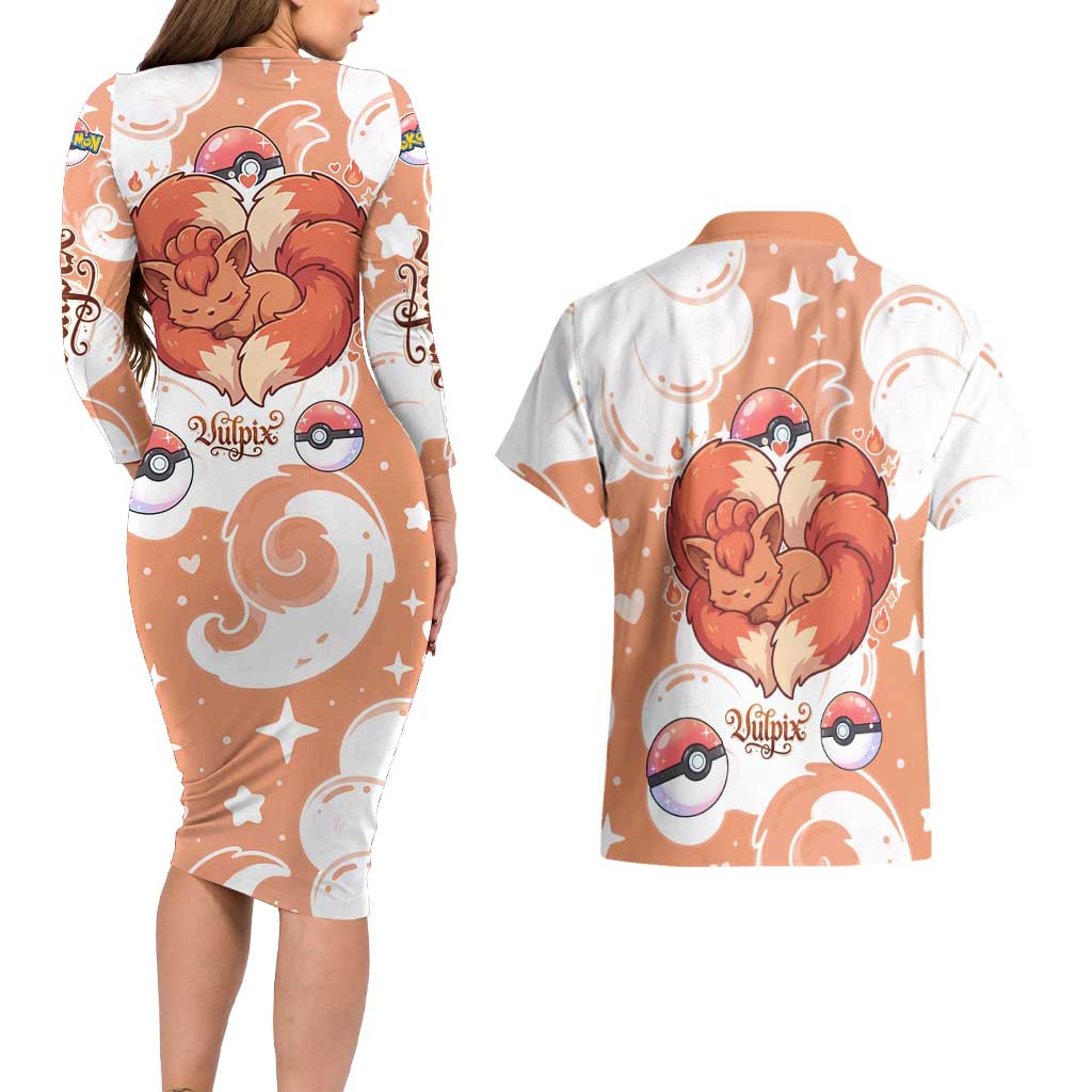 Vulpix Couples Matching Long Sleeve Bodycon Dress and Hawaiian Shirt Vintage Flame Swirl Art