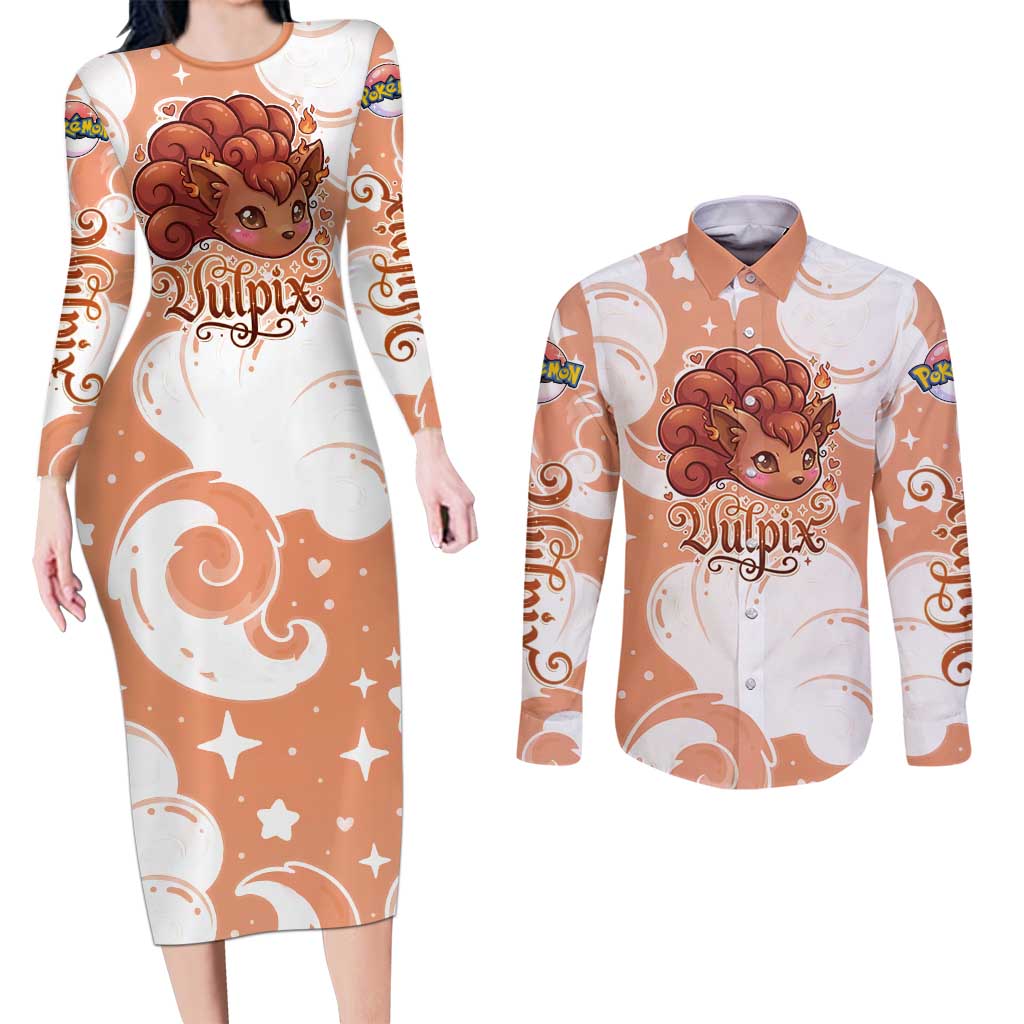 Vulpix Couples Matching Long Sleeve Bodycon Dress and Long Sleeve Button Shirt Vintage Flame Swirl Art