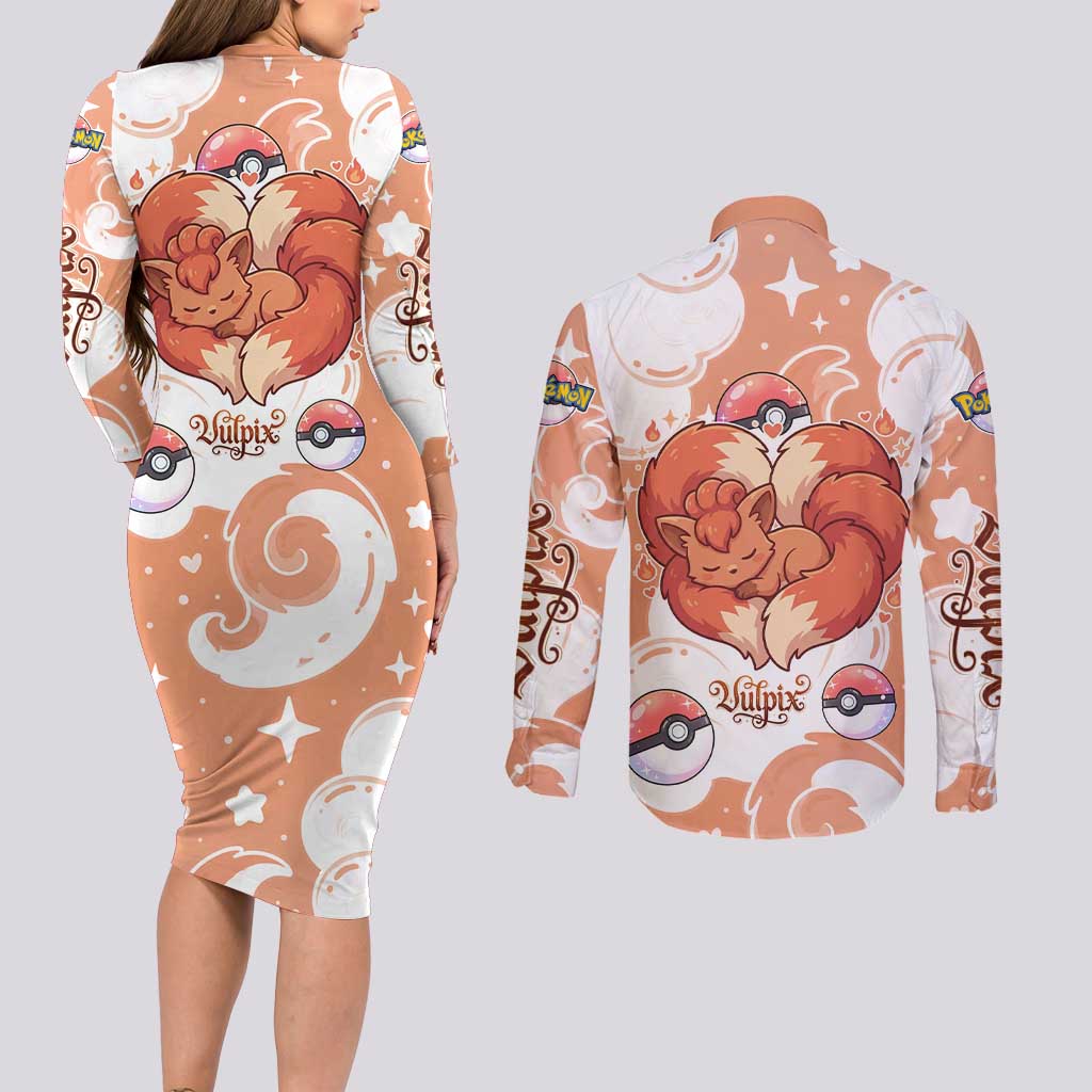 Vulpix Couples Matching Long Sleeve Bodycon Dress and Long Sleeve Button Shirt Vintage Flame Swirl Art
