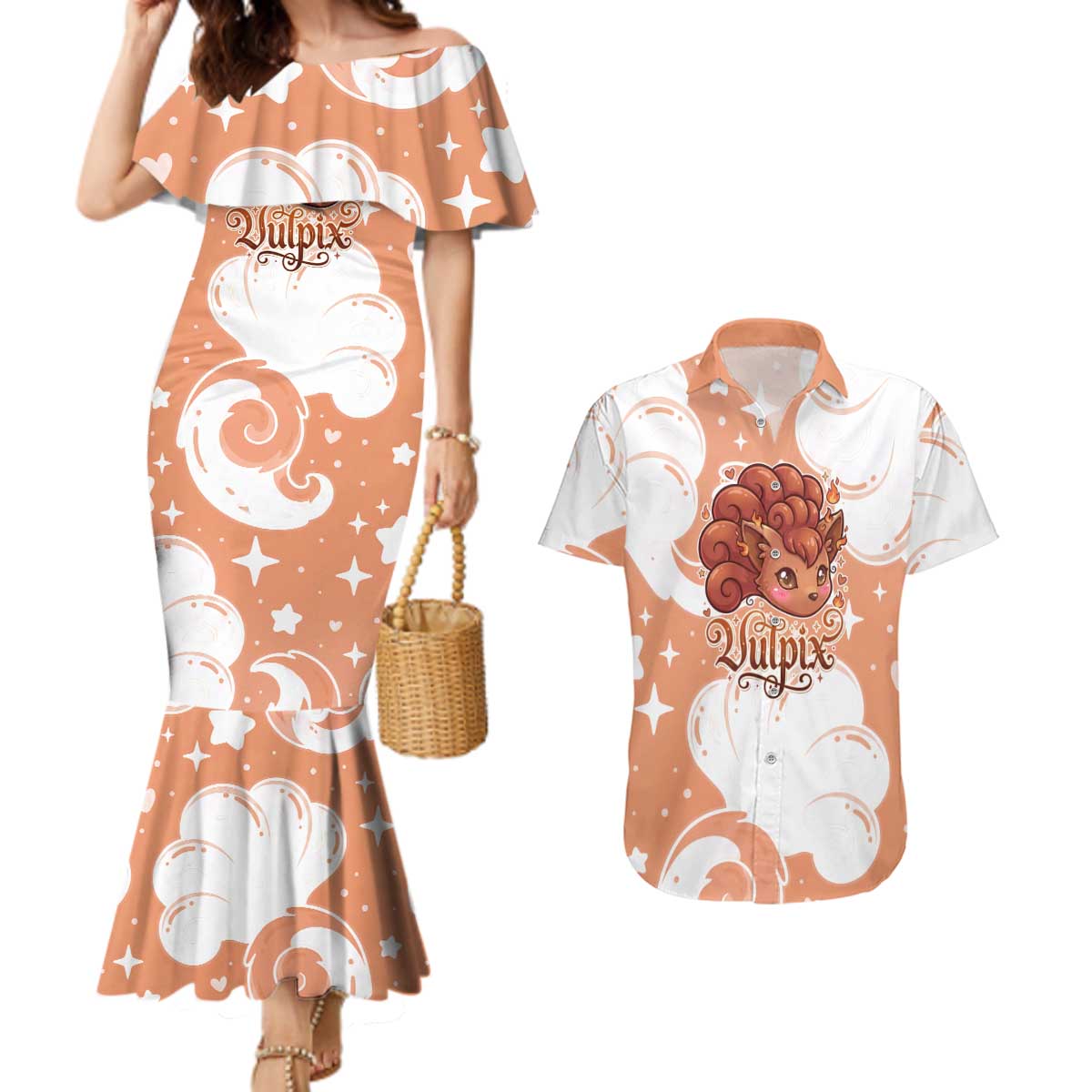 Vulpix Couples Matching Mermaid Dress and Hawaiian Shirt Vintage Flame Swirl Art
