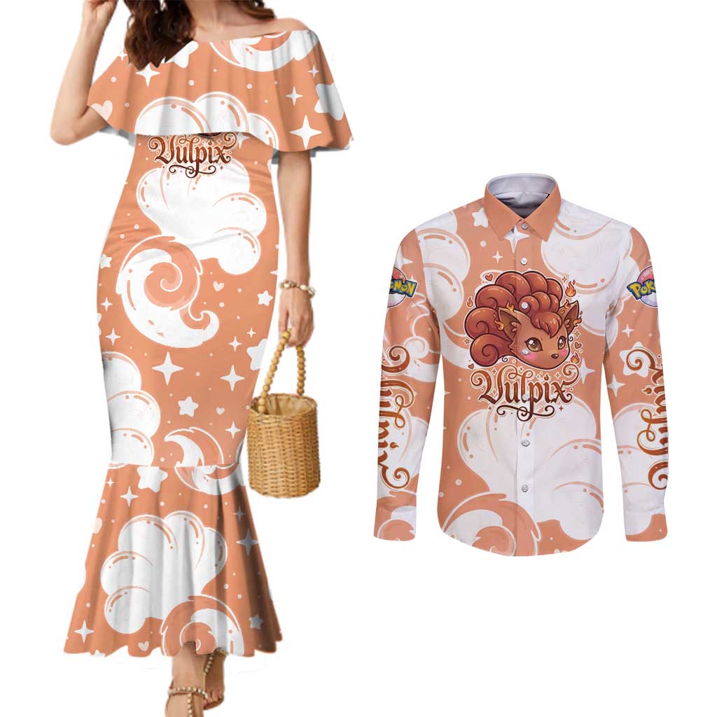 Vulpix Couples Matching Mermaid Dress and Long Sleeve Button Shirt Vintage Flame Swirl Art