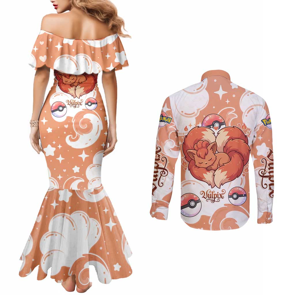 Vulpix Couples Matching Mermaid Dress and Long Sleeve Button Shirt Vintage Flame Swirl Art