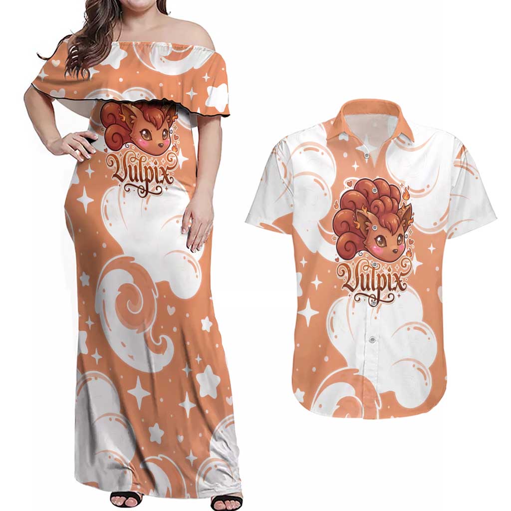 Vulpix Couples Matching Off Shoulder Maxi Dress and Hawaiian Shirt Vintage Flame Swirl Art