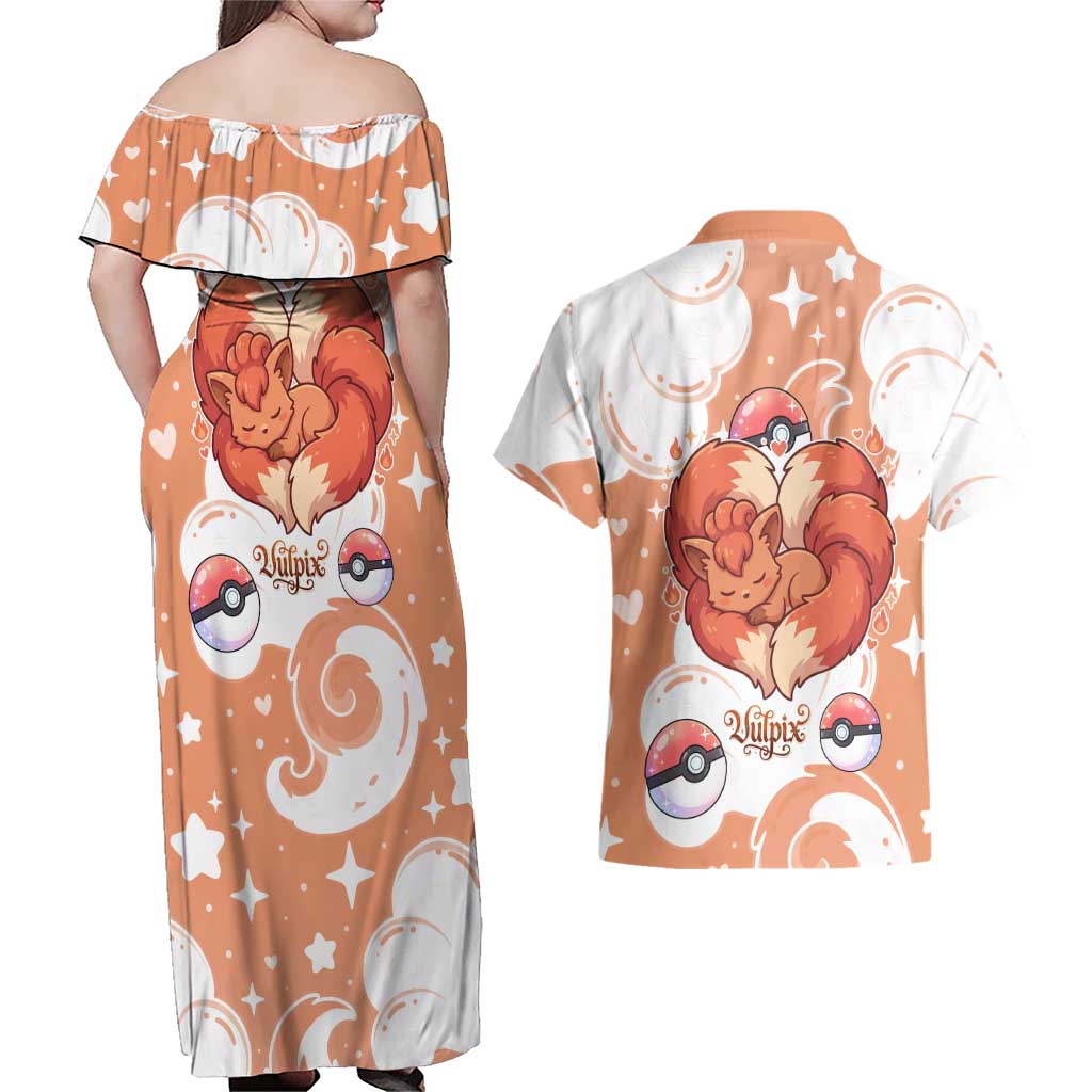 Vulpix Couples Matching Off Shoulder Maxi Dress and Hawaiian Shirt Vintage Flame Swirl Art