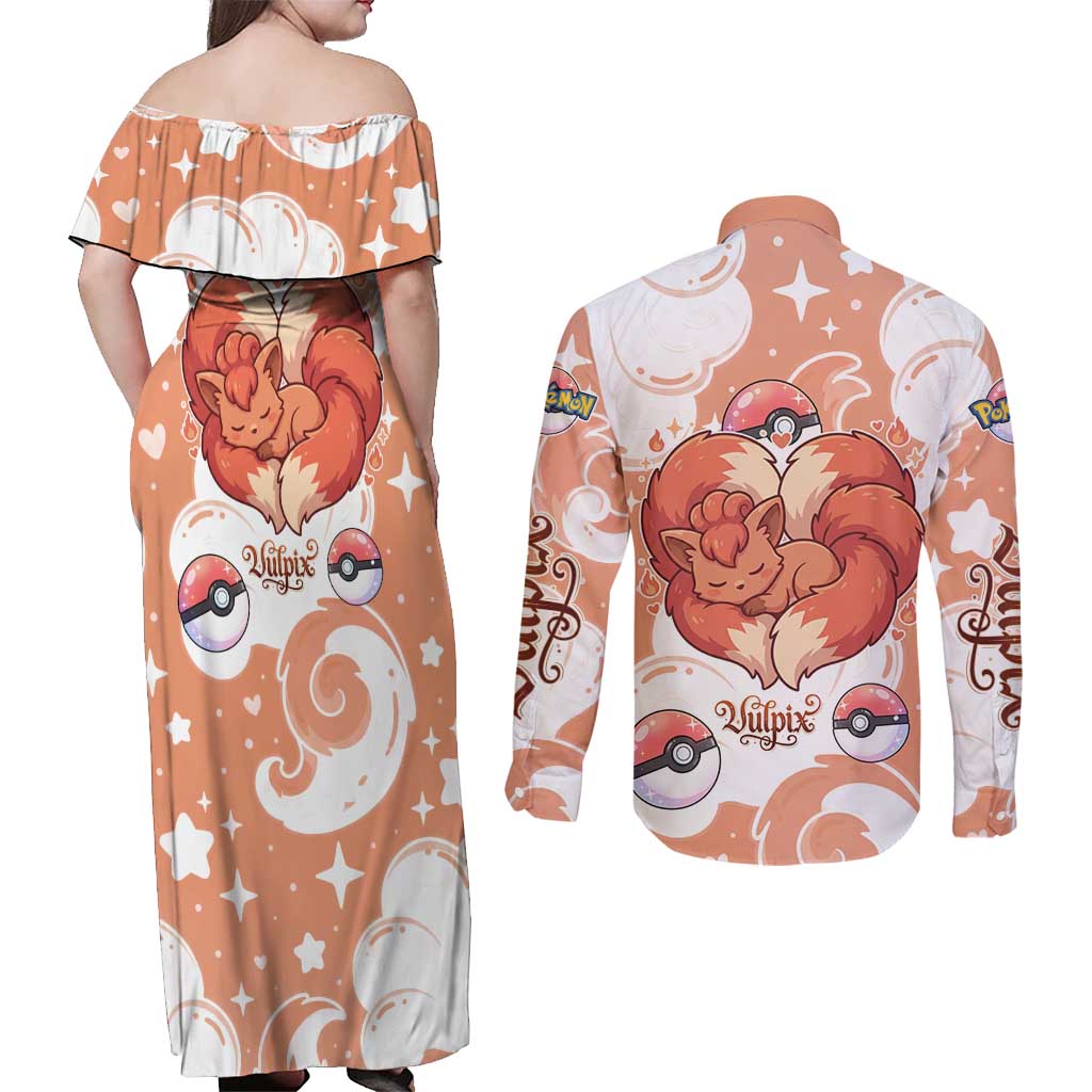 Vulpix Couples Matching Off Shoulder Maxi Dress and Long Sleeve Button Shirt Vintage Flame Swirl Art