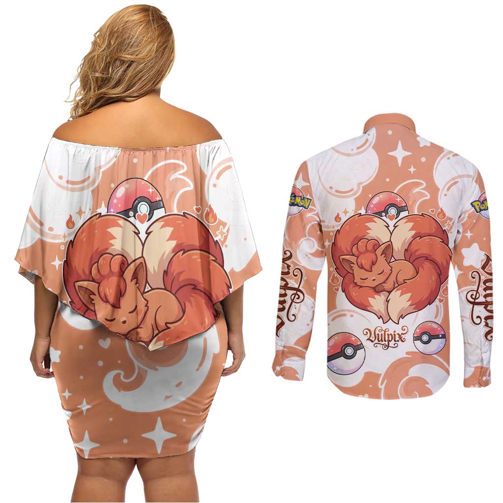 Vulpix Couples Matching Off Shoulder Short Dress and Long Sleeve Button Shirt Vintage Flame Swirl Art