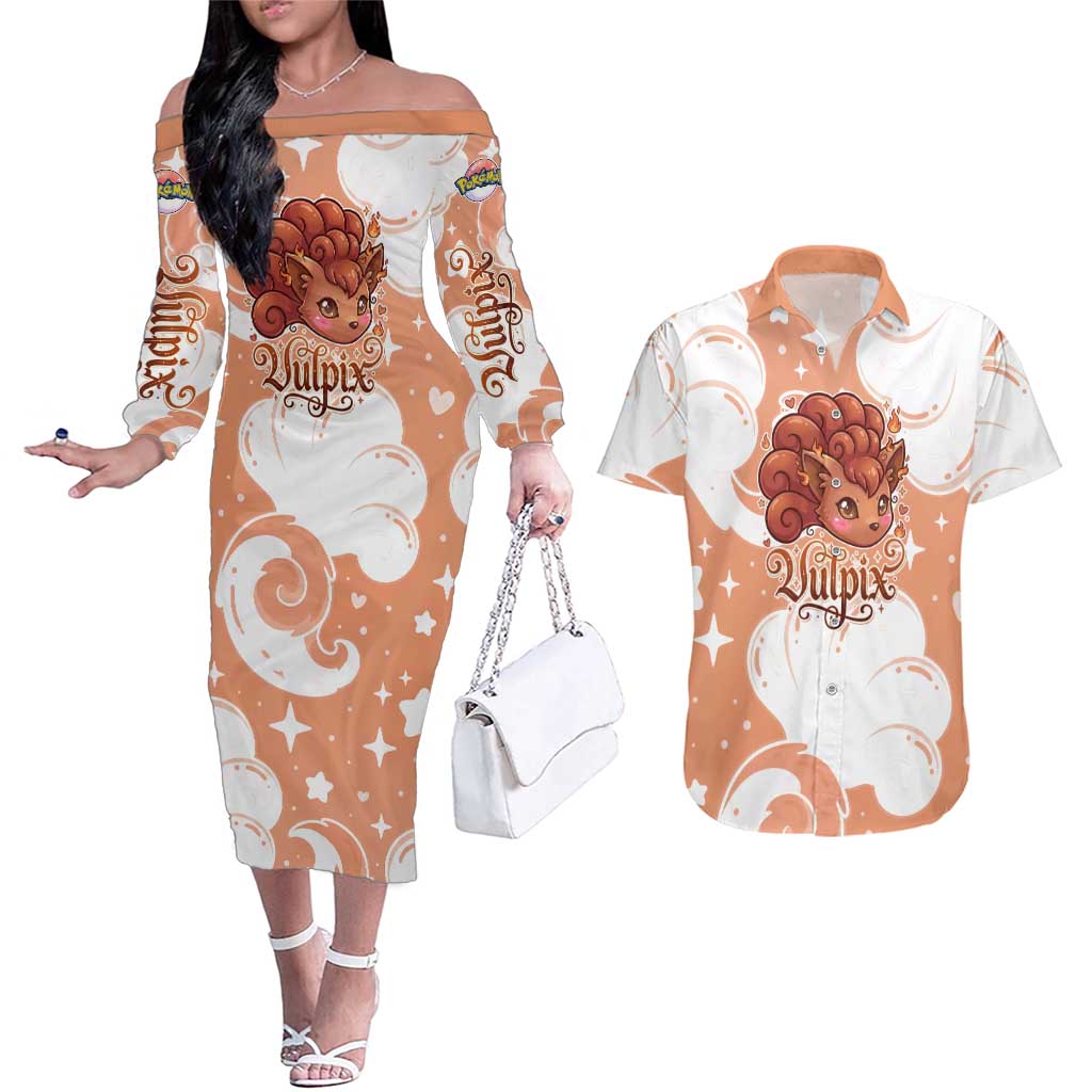Vulpix Couples Matching Off The Shoulder Long Sleeve Dress and Hawaiian Shirt Vintage Flame Swirl Art