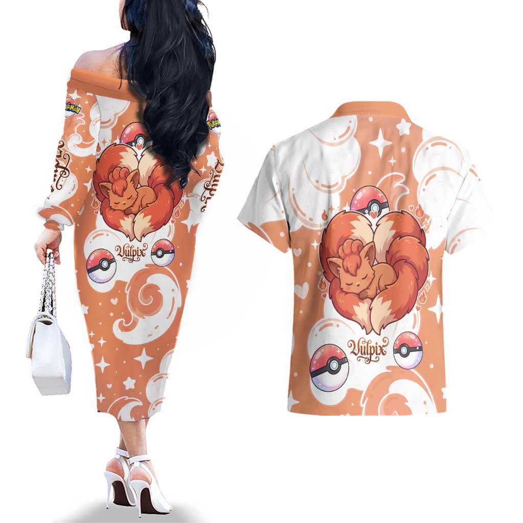 Vulpix Couples Matching Off The Shoulder Long Sleeve Dress and Hawaiian Shirt Vintage Flame Swirl Art