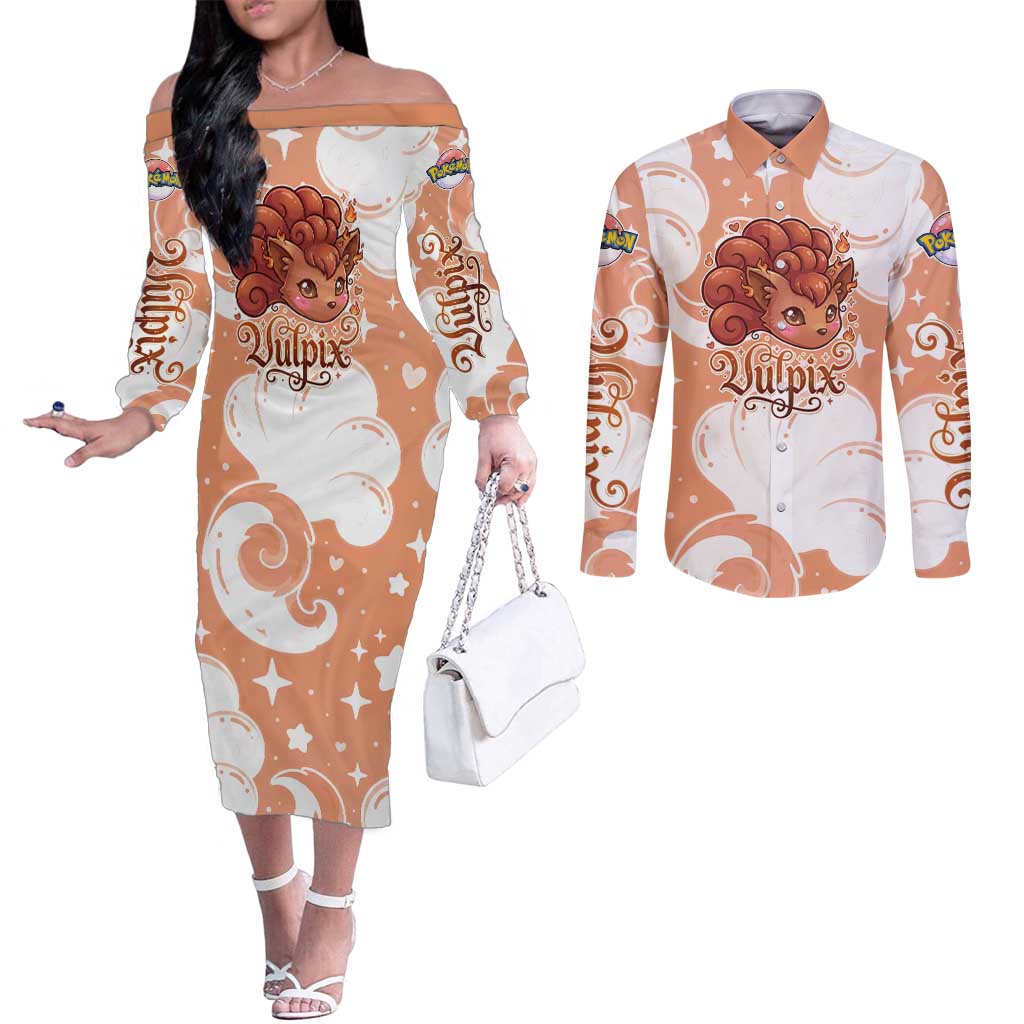Vulpix Couples Matching Off The Shoulder Long Sleeve Dress and Long Sleeve Button Shirt Vintage Flame Swirl Art