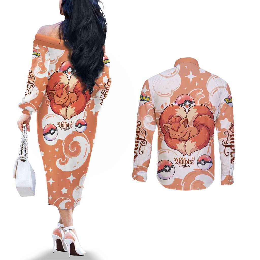 Vulpix Couples Matching Off The Shoulder Long Sleeve Dress and Long Sleeve Button Shirt Vintage Flame Swirl Art