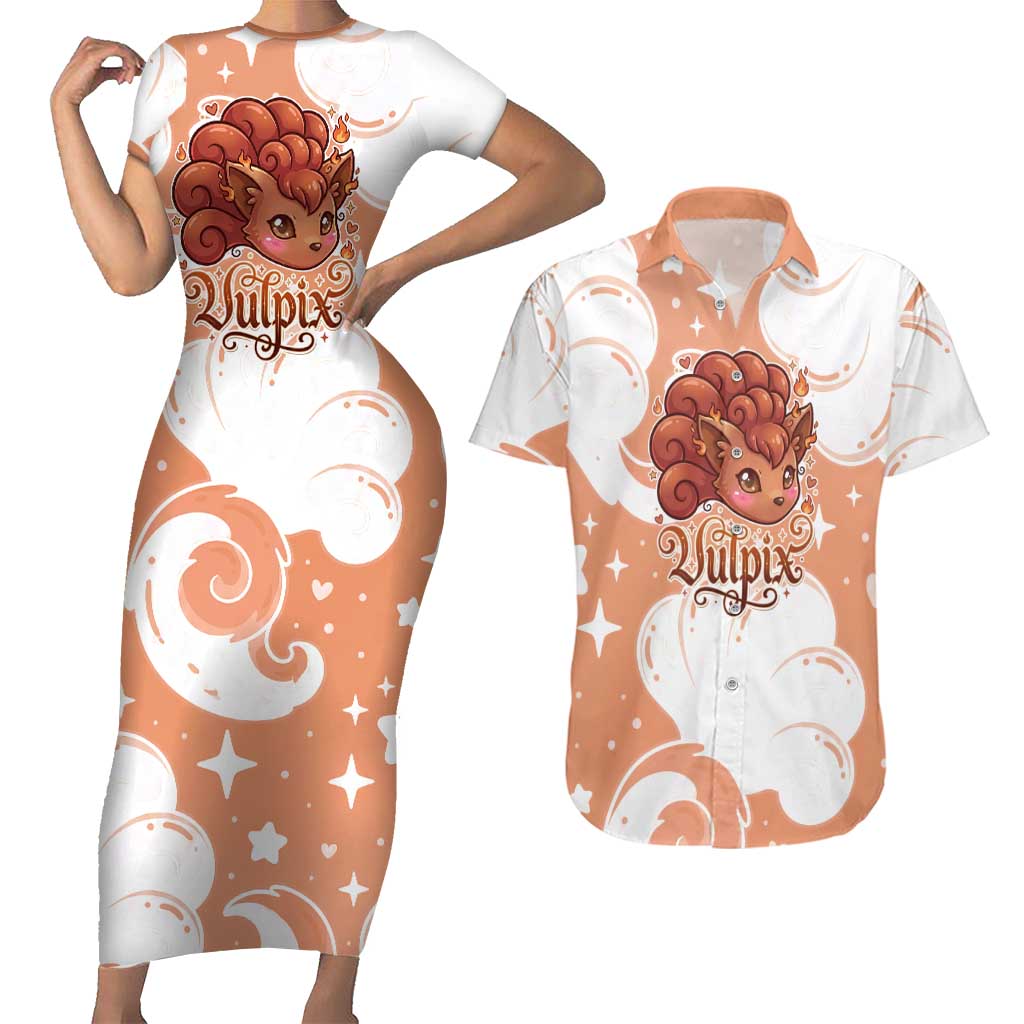 Vulpix Couples Matching Short Sleeve Bodycon Dress and Hawaiian Shirt Vintage Flame Swirl Art