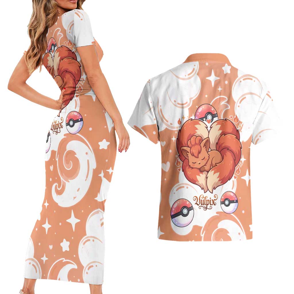 Vulpix Couples Matching Short Sleeve Bodycon Dress and Hawaiian Shirt Vintage Flame Swirl Art