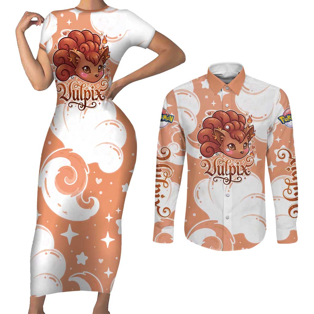 Vulpix Couples Matching Short Sleeve Bodycon Dress and Long Sleeve Button Shirt Vintage Flame Swirl Art