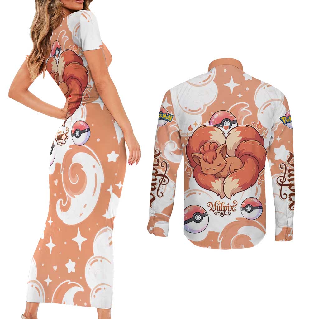 Vulpix Couples Matching Short Sleeve Bodycon Dress and Long Sleeve Button Shirt Vintage Flame Swirl Art