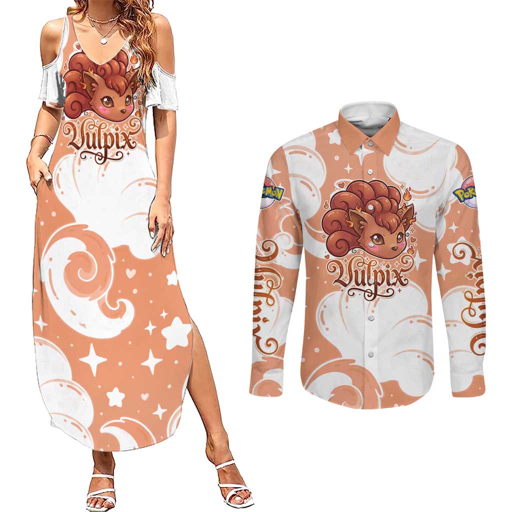 Vulpix Couples Matching Summer Maxi Dress and Long Sleeve Button Shirt Vintage Flame Swirl Art
