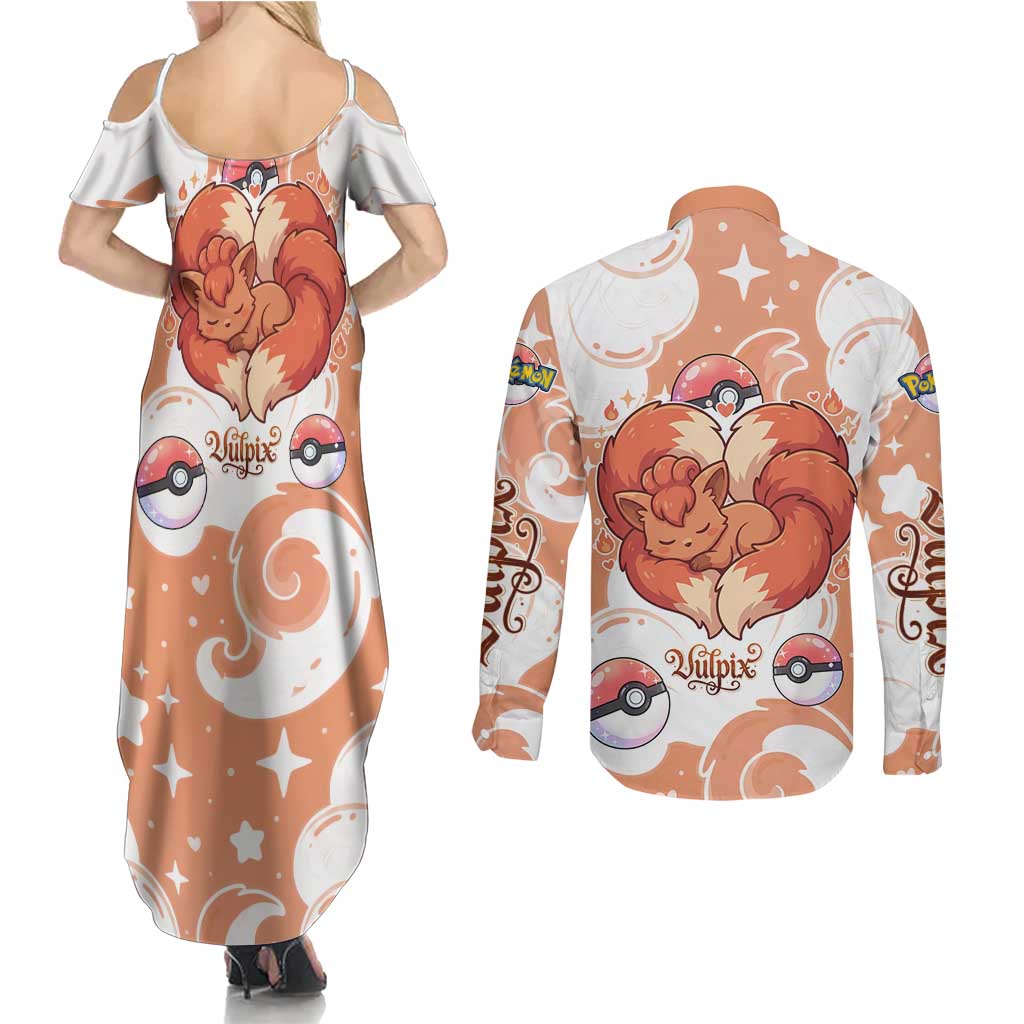 Vulpix Couples Matching Summer Maxi Dress and Long Sleeve Button Shirt Vintage Flame Swirl Art