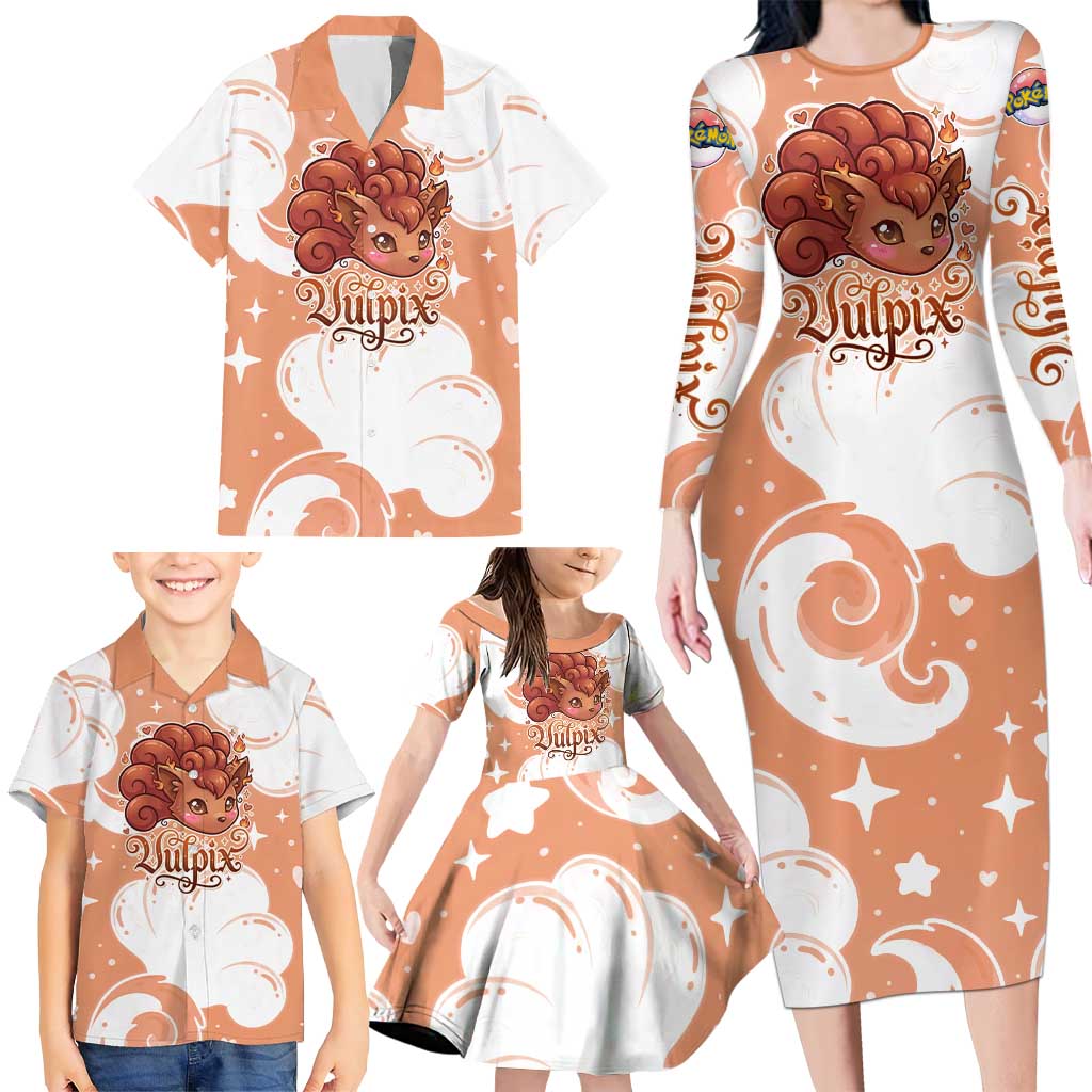 Vulpix Family Matching Long Sleeve Bodycon Dress and Hawaiian Shirt Vintage Flame Swirl Art