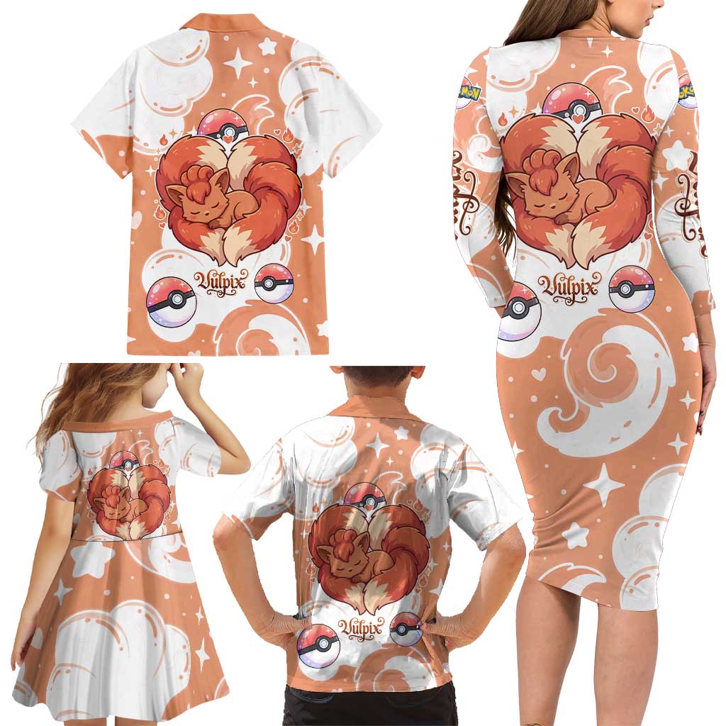Vulpix Family Matching Long Sleeve Bodycon Dress and Hawaiian Shirt Vintage Flame Swirl Art