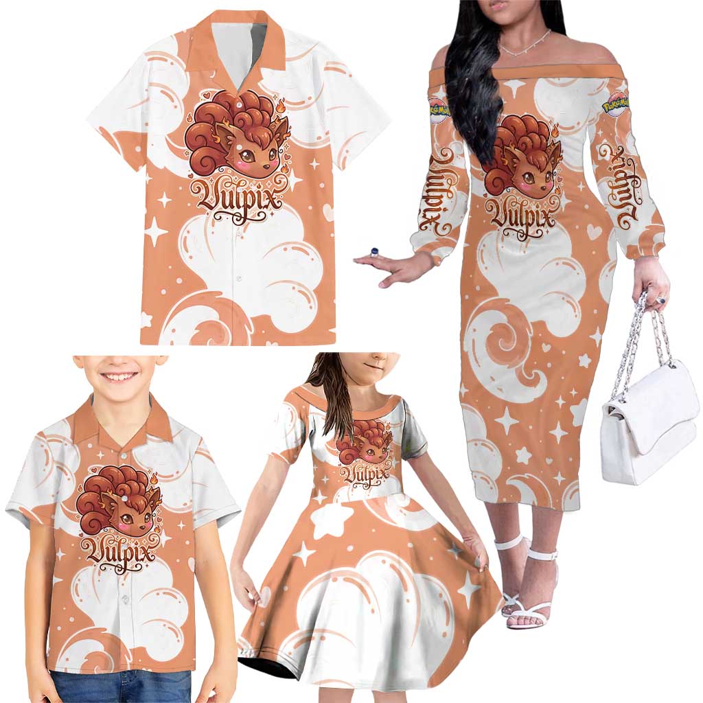 Vulpix Family Matching Off The Shoulder Long Sleeve Dress and Hawaiian Shirt Vintage Flame Swirl Art