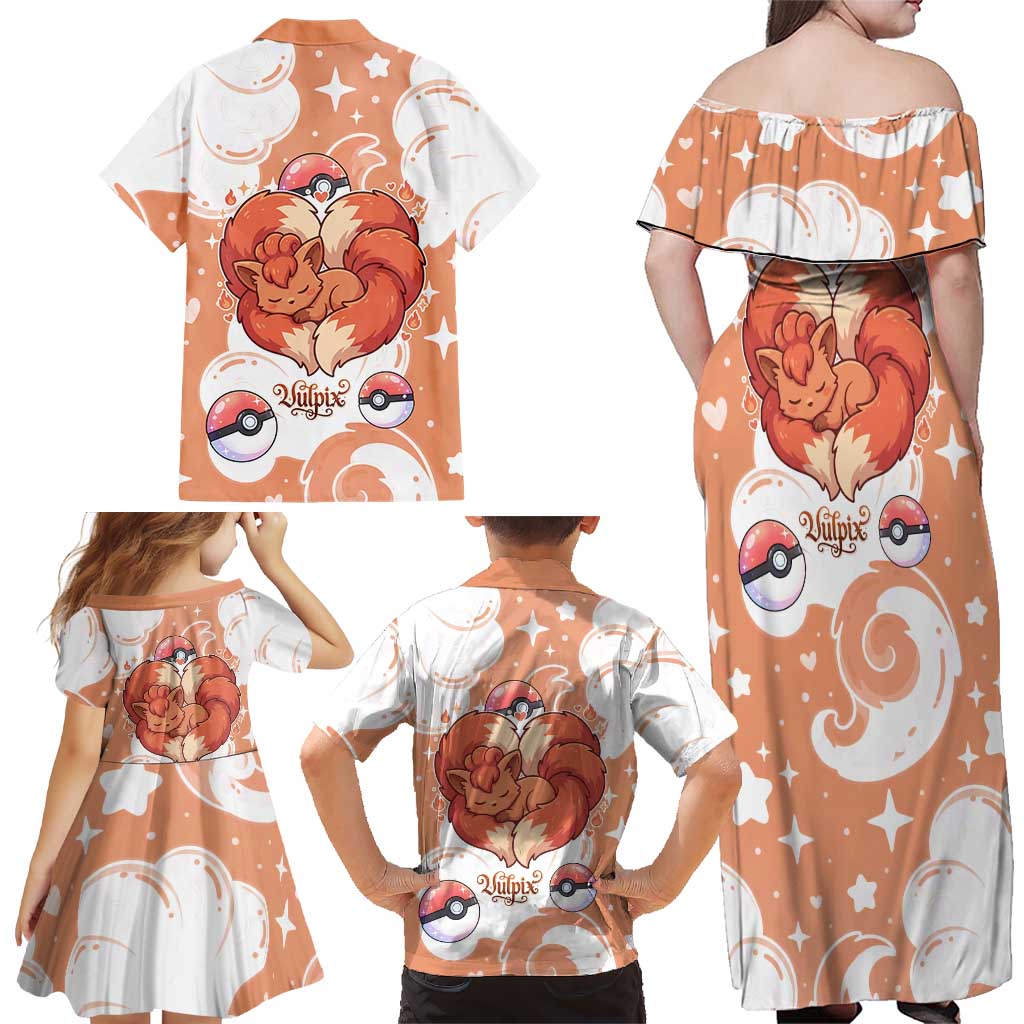 Vulpix Family Matching Off Shoulder Maxi Dress and Hawaiian Shirt Vintage Flame Swirl Art