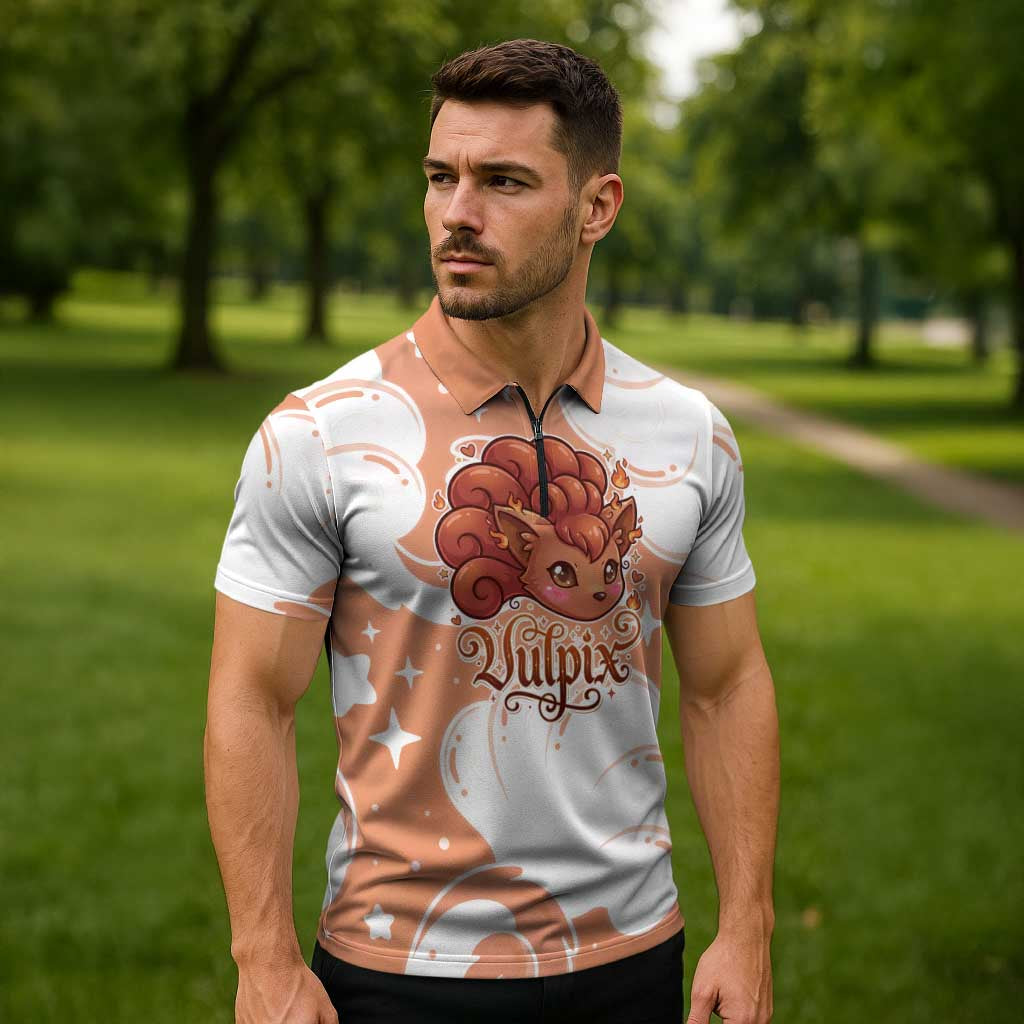 Vulpix Zipper Polo Shirt Vintage Flame Swirl Art